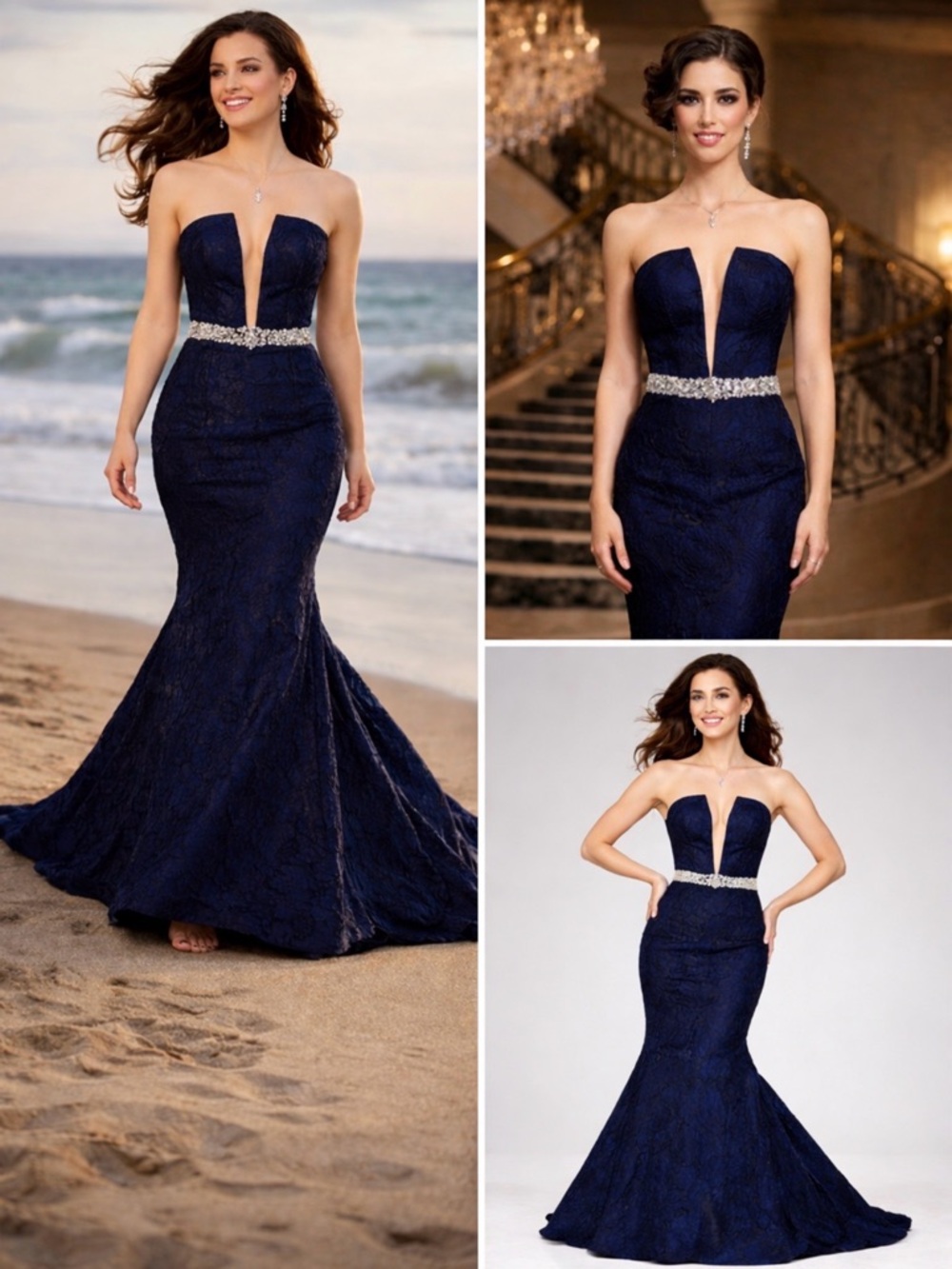 Jovani Blue & Black Strapless Evening Gown | Crystal Embellished Formal Dress